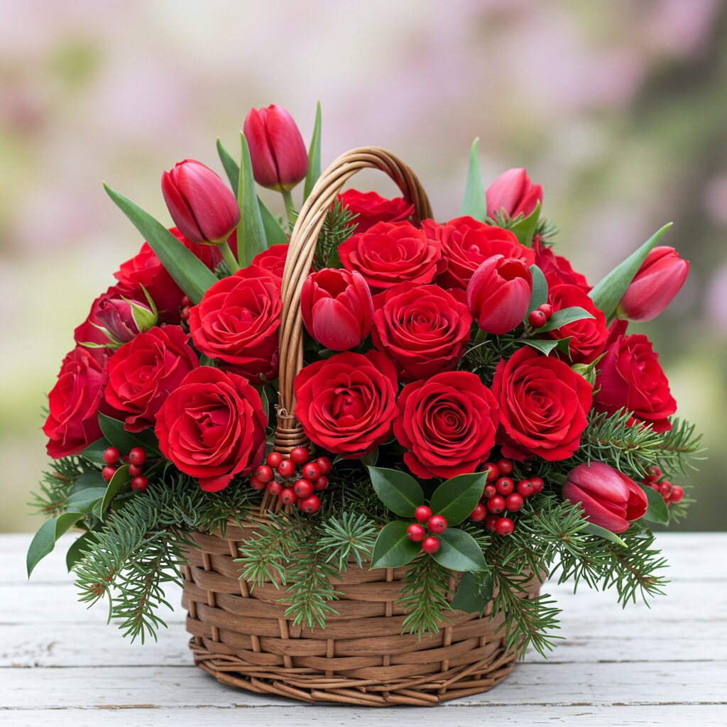 Festive May Day flower basket with christmas greenery and red blooms