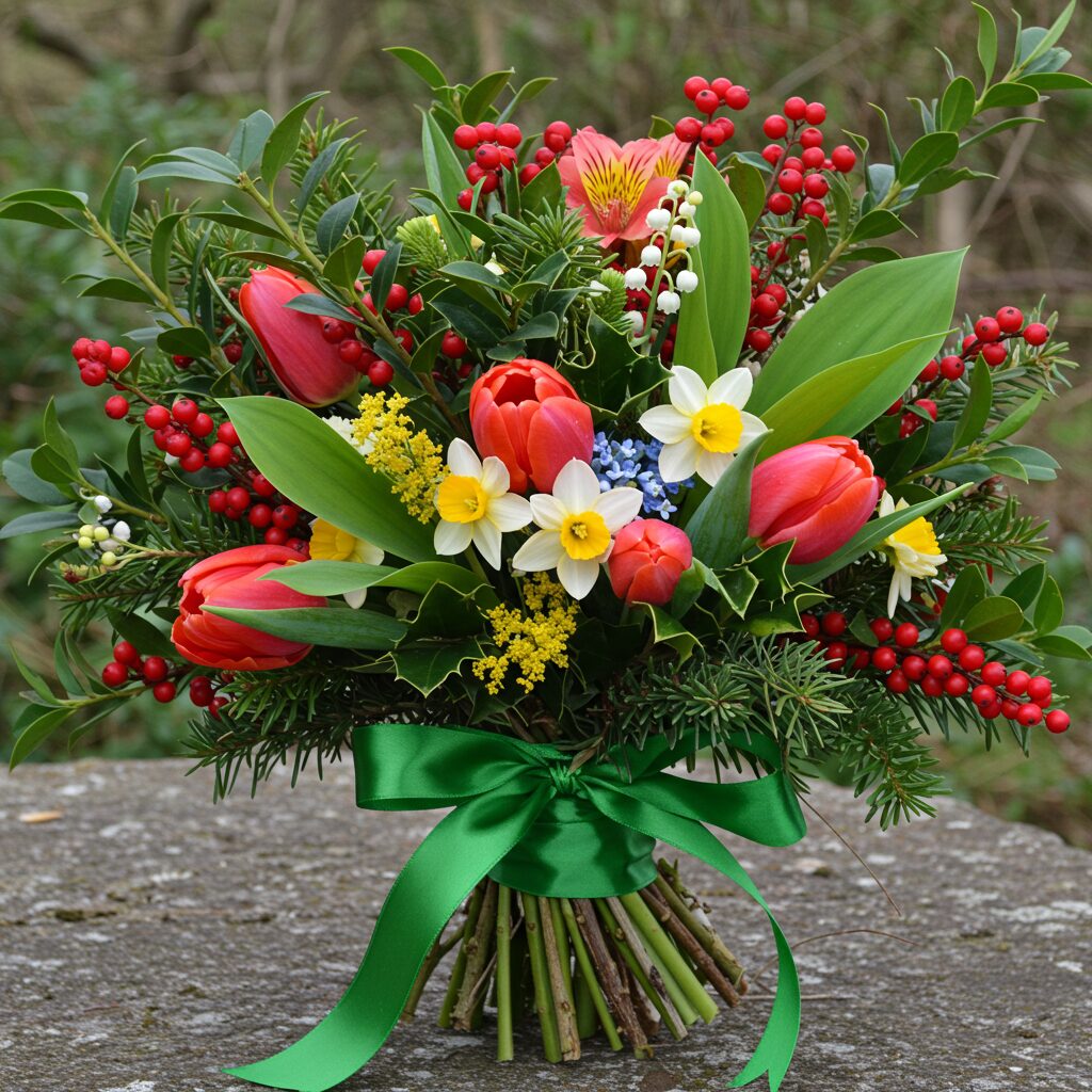Crafting a Christmas-style May Day bouquet with ribbon and holly