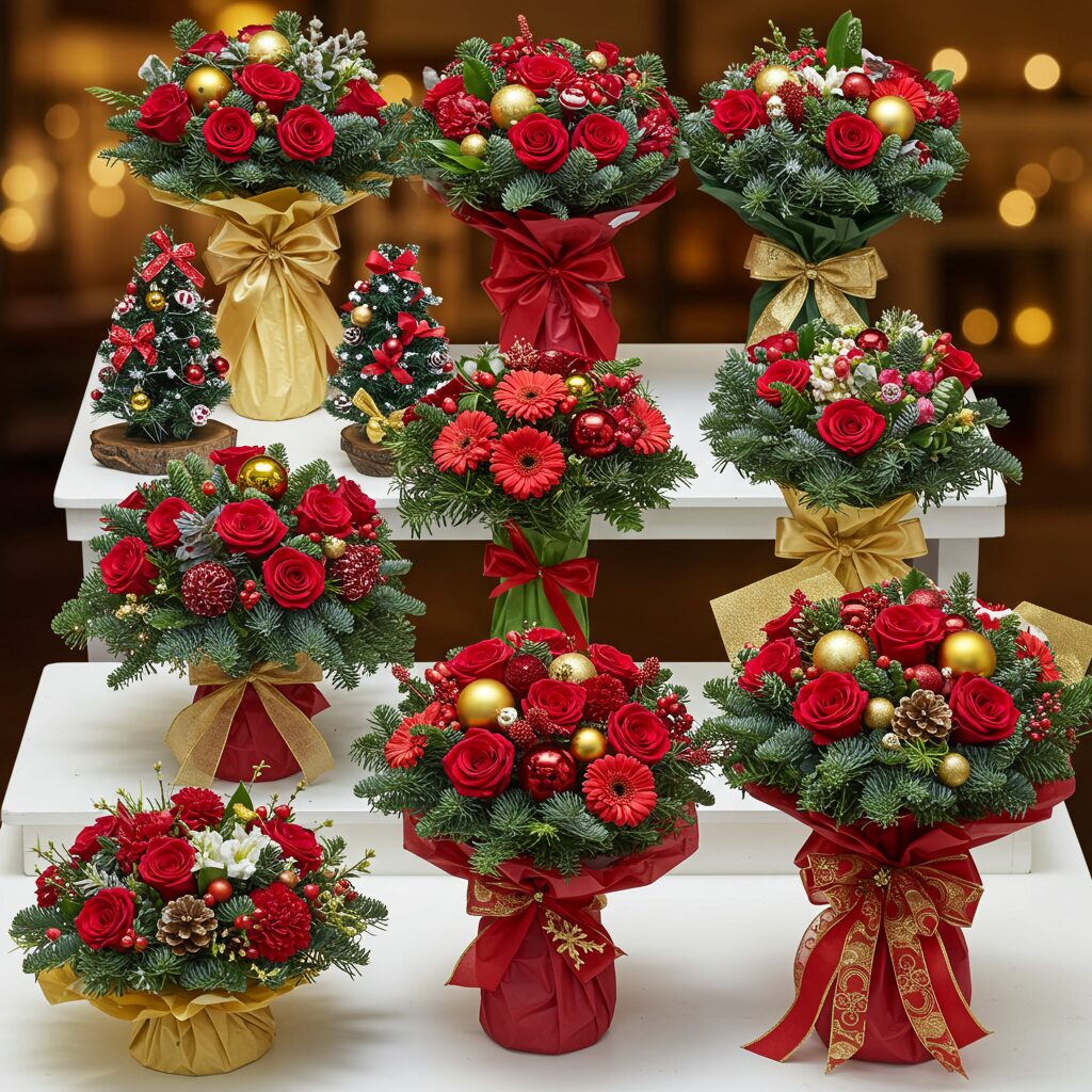 Creative Christmas-themed May Day bouquet variations with seasonal flair