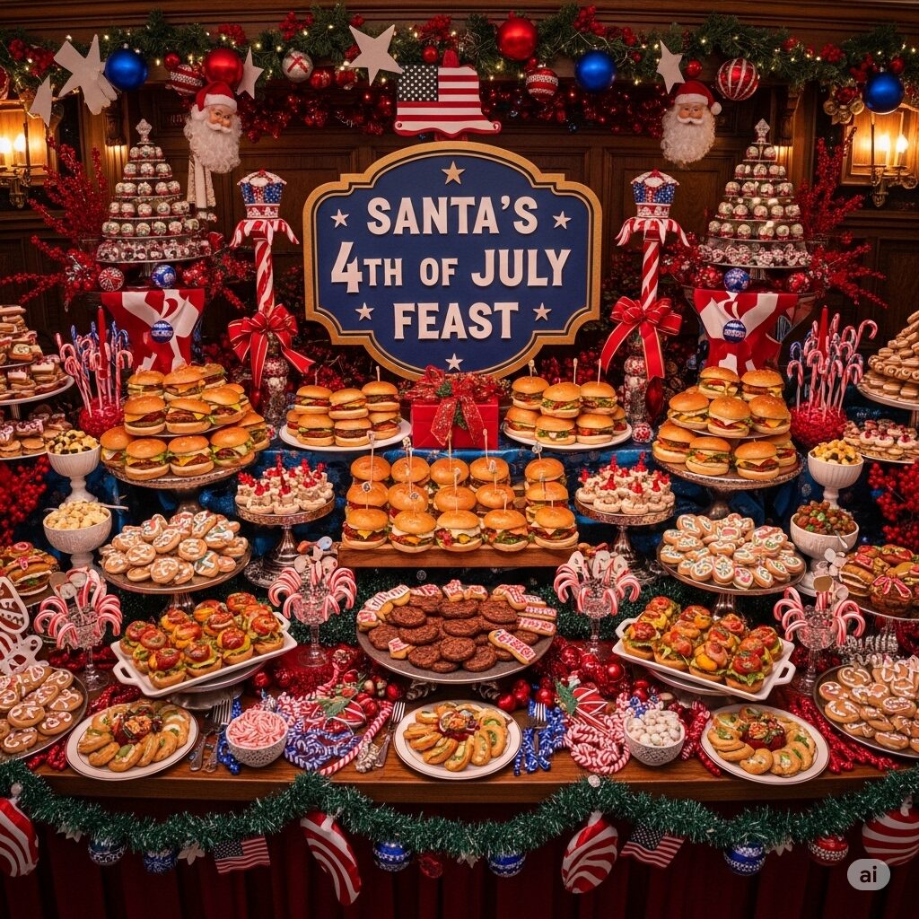 A buffet table labeled “Santa’s 4th of July Feast.”
