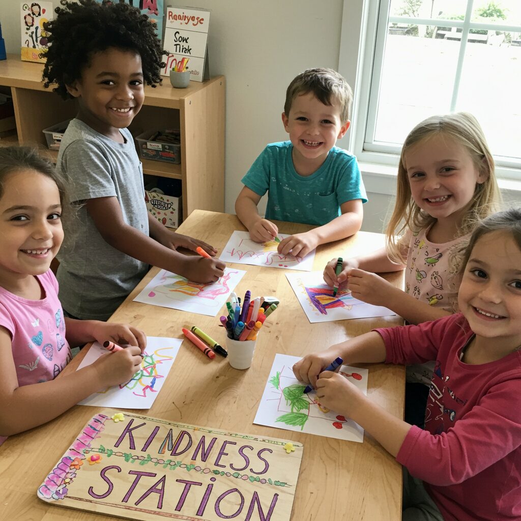 Children drawing colorful cards with big smiles and a “Kindness Station” sign.