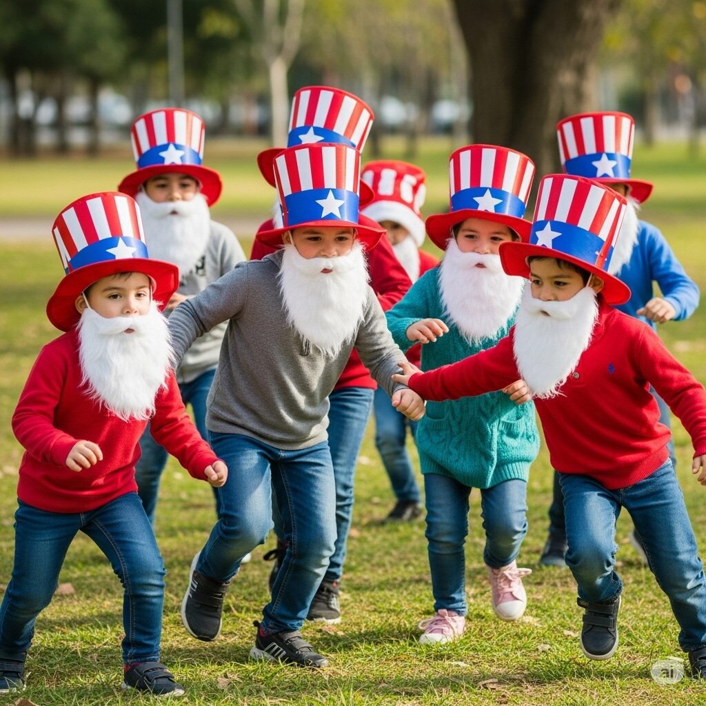 Kids participating in games wearing Uncle Sam hats and Santa beards.