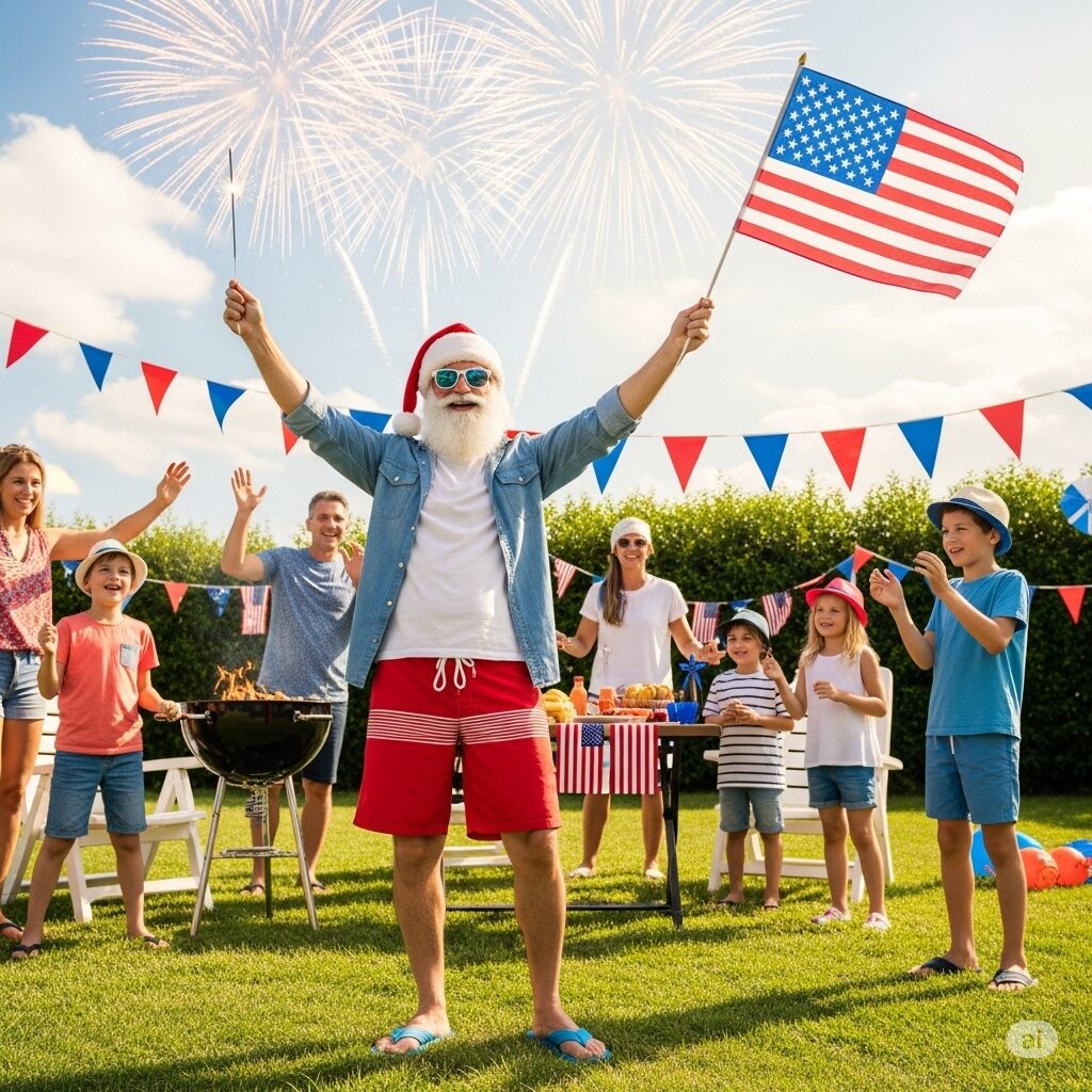 Santa Claus in summer outfit holding American flag and sparkler at a 4th of July BBQ party