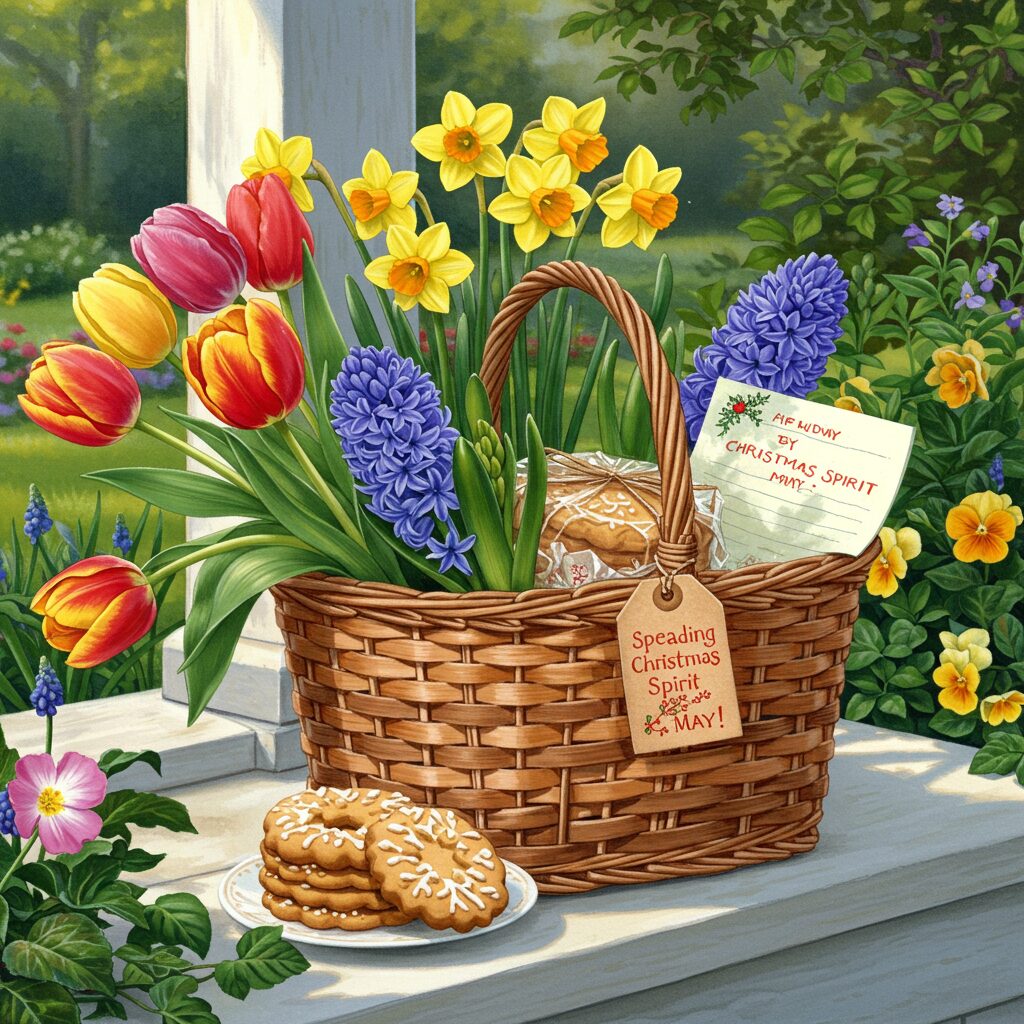 Gift basket with flowers and treats on a porch, symbolizing spreading Christmas spirit in May