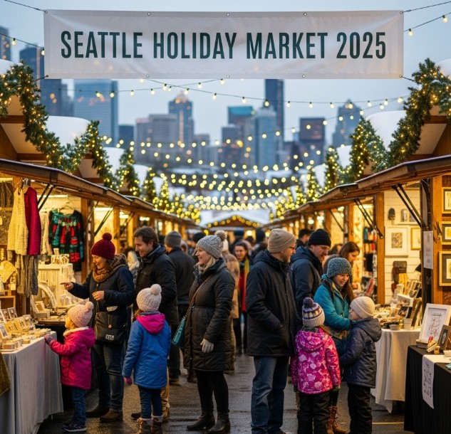 Families browsing handmade gifts at the Seattle Holiday Market 2025