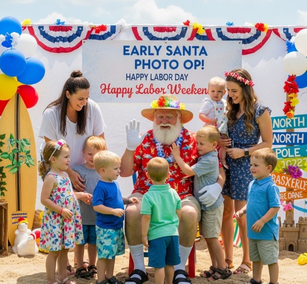 Families enjoying early Santa photo ops during Labor Day weekend
