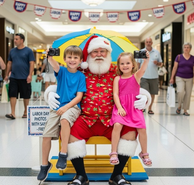 Kids taking photos with Santa on Labor Day