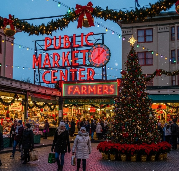 Plan early for Christmas in WA State by visiting festive Pike Place Market