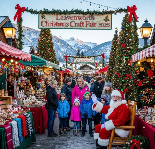 Santa at Leavenworth Christmas Craft Fair 2025 with festive decorations