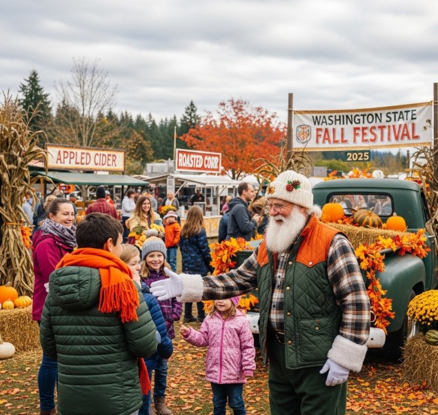 Santa greeting families at a fall festival in WA State 2025.