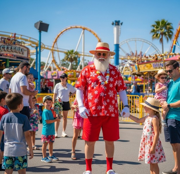 Santa meeting families at an amusement park event