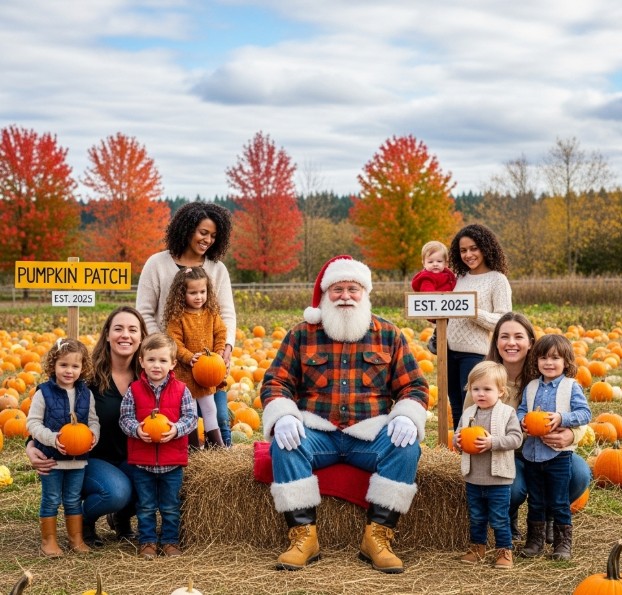 Santa posing with families at a Washington pumpkin patch in fall 2025