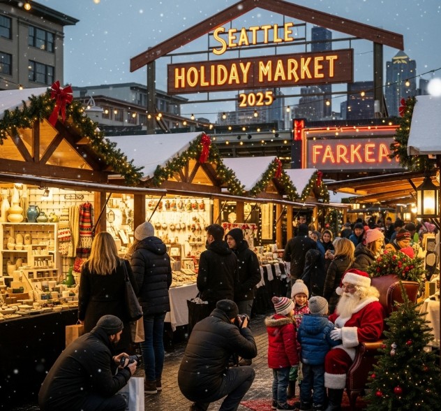 Seattle Holiday Market 2025 featuring handmade gifts and Santa photo opportunities