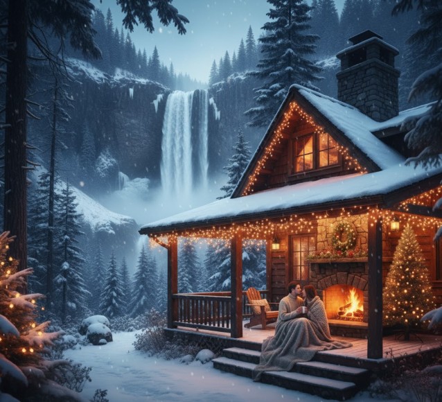 Romantic winter getaway near Snoqualmie Falls Washington State.