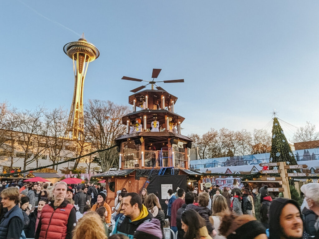 Seattle Christmas Market 2025 with holiday lights and festive stalls.