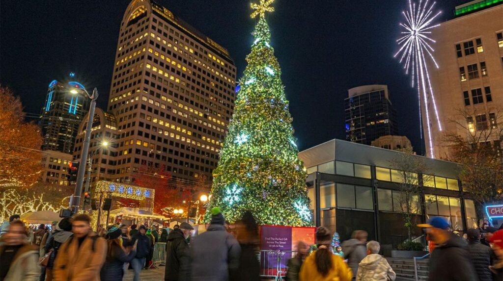 Christmas tree lighting celebration at Westlake Park in Seattle.