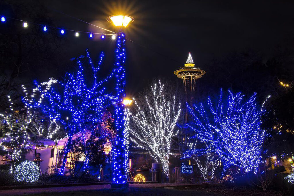 Downtown Seattle skyline lit up during Christmas 2025