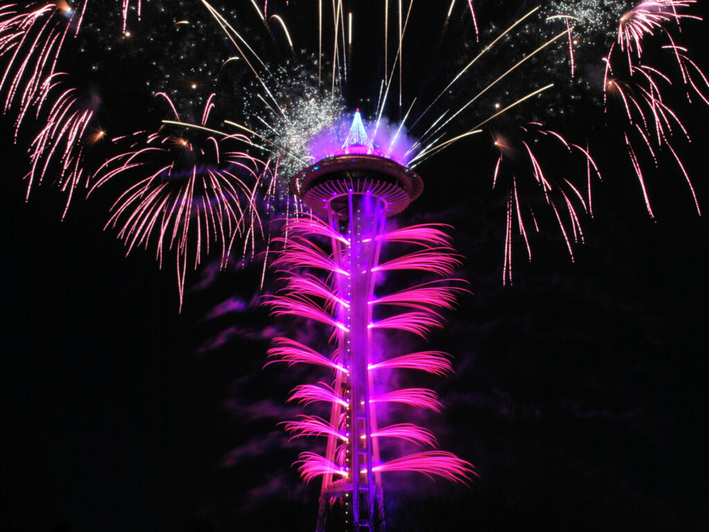 New Year’s Eve fireworks display over Seattle’s Space Needle.