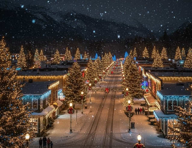 North Bend Christmas lights and snow – Eastside holiday town Washington 2025