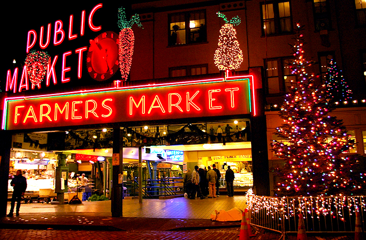 Pike Place Market holiday decorations near Seattle Christmas hotels 2025