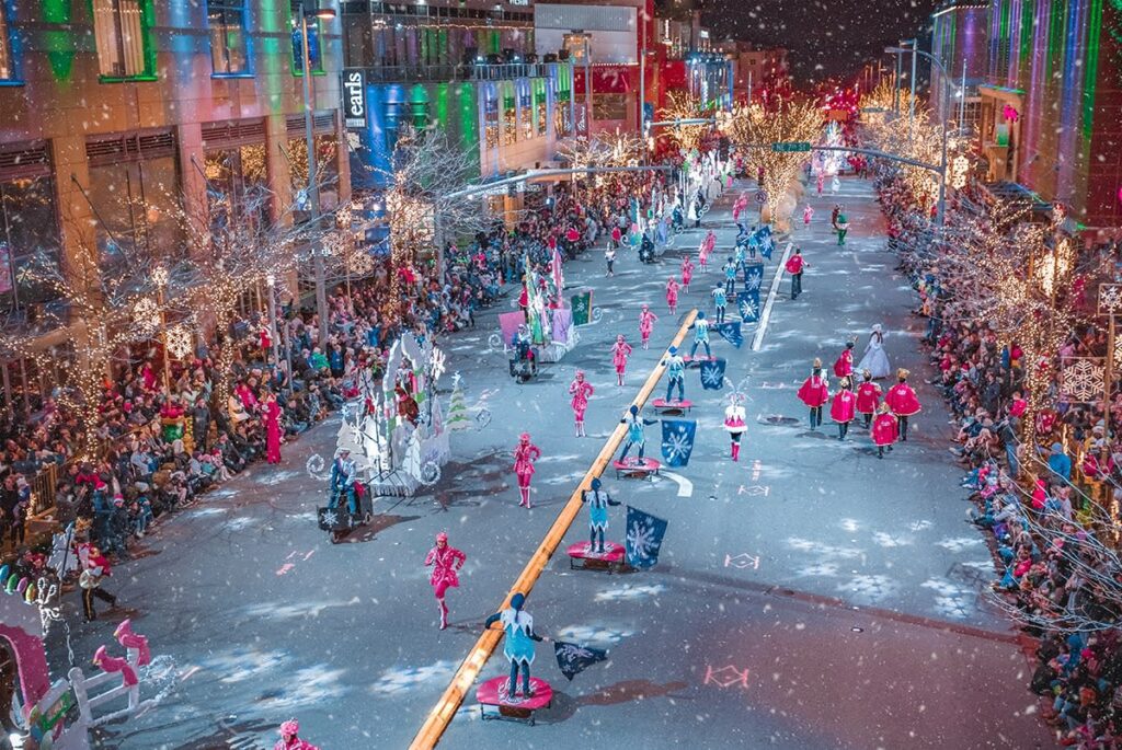Snowflake Lane parade performers on Bellevue Way during Christmas 2025