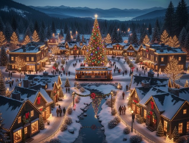A wide-shot view of a glowing Christmas village scene.