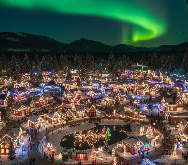 Overhead winter festival scenery with glowing houses and animated Christmas scenes.